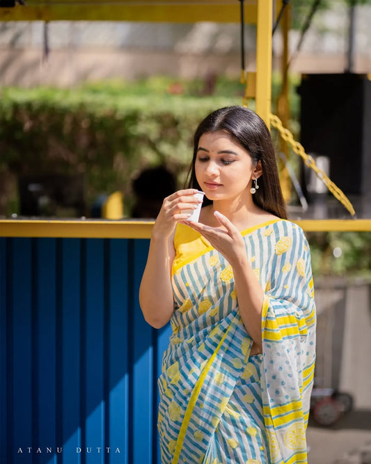 Yellow Bloom Cotton Linen Delicate Prints Saree