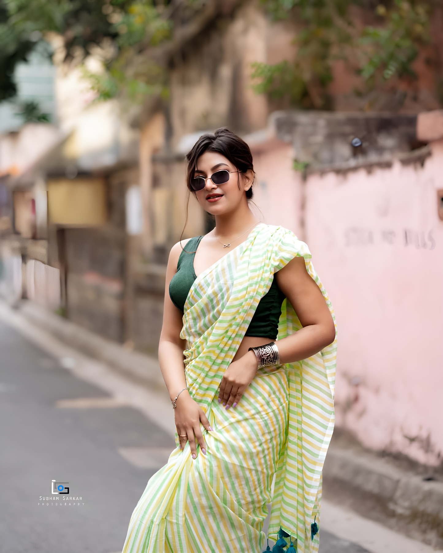 Yellow Green Striped Design Handloom Cottan Linen Saree