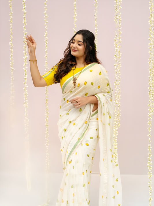 Mango Design Cotton Linen Hand Loom saree