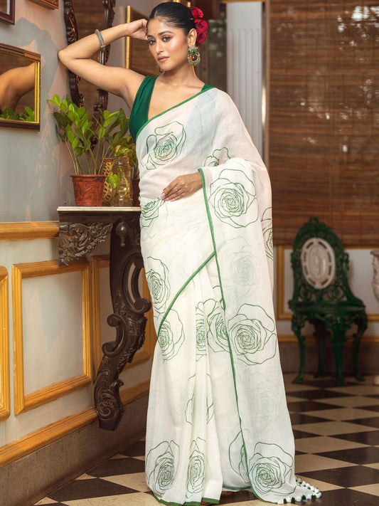 Floral Linen Blend Designer Block Print
