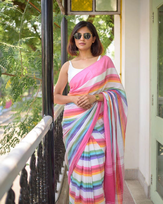 Rainbow Stripes Cotton Linen Saree With Pink Broder