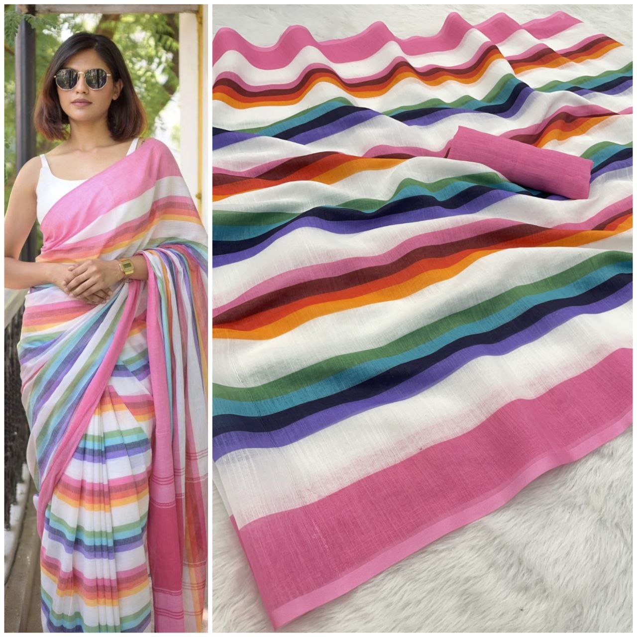 Rainbow Stripes Cotton Linen Saree With Pink Broder