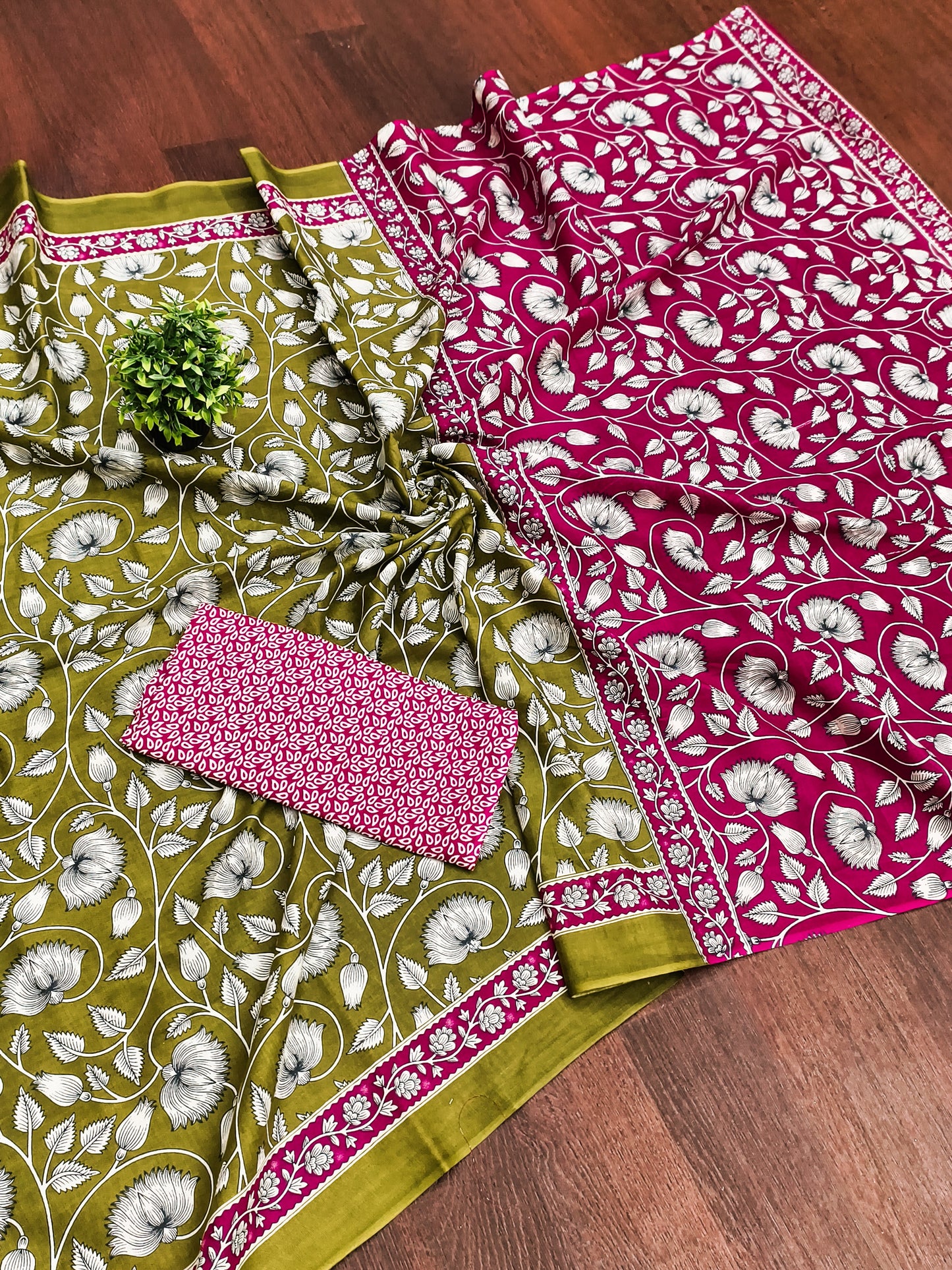 Ajrakh Olive Green Pure MulMul Cotton Saree