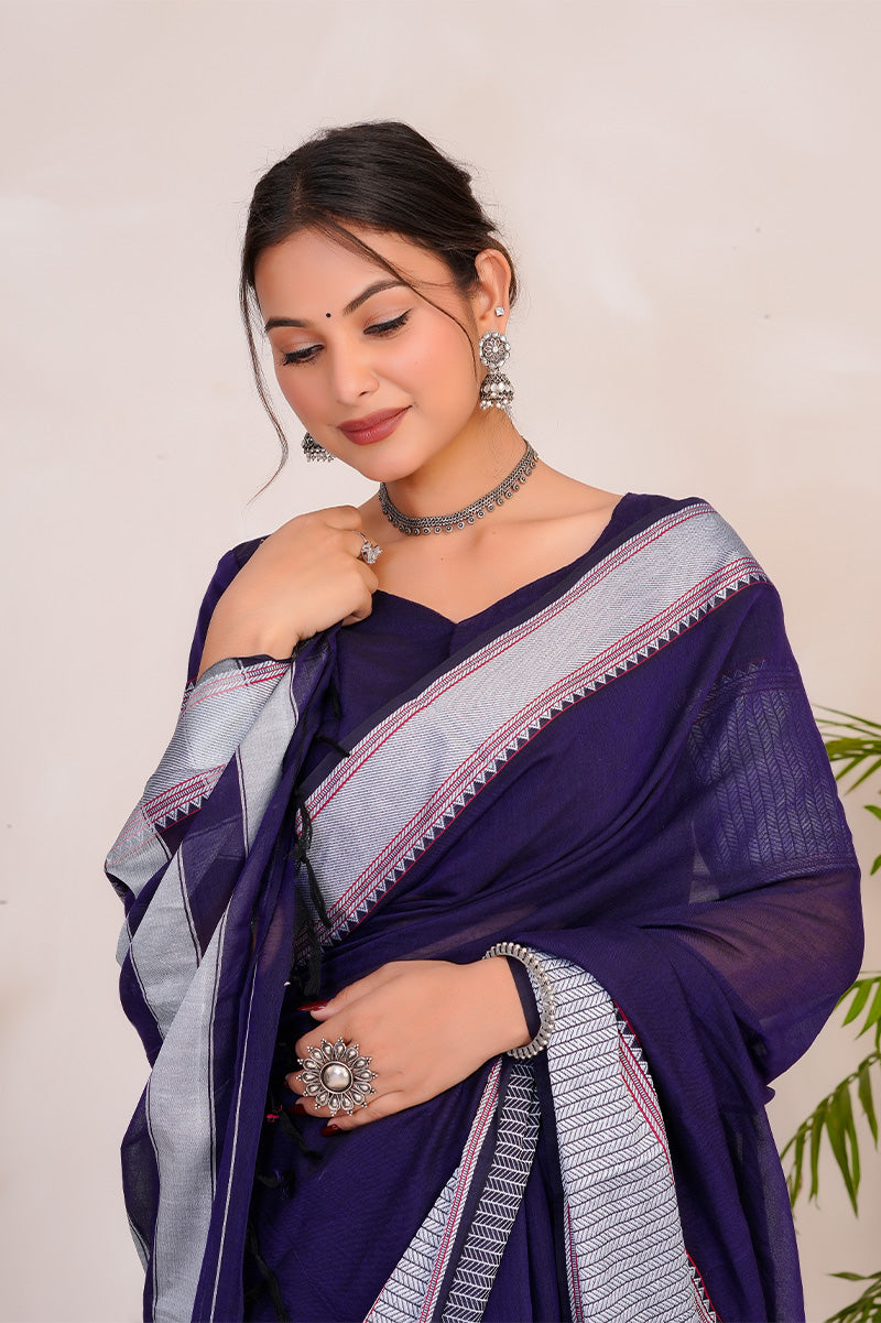 Royal Purple & Silver Handloom Narayanpet Cotton Saree