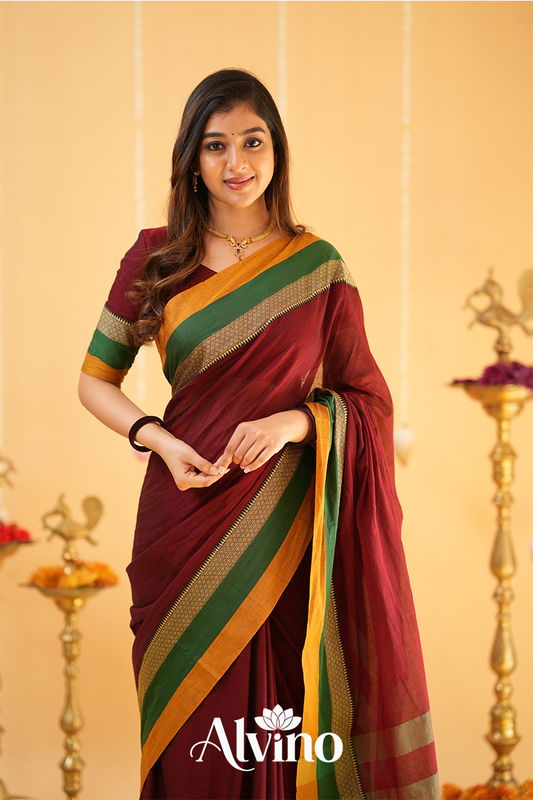 Marron Handloom Narayanpet Cotton Saree