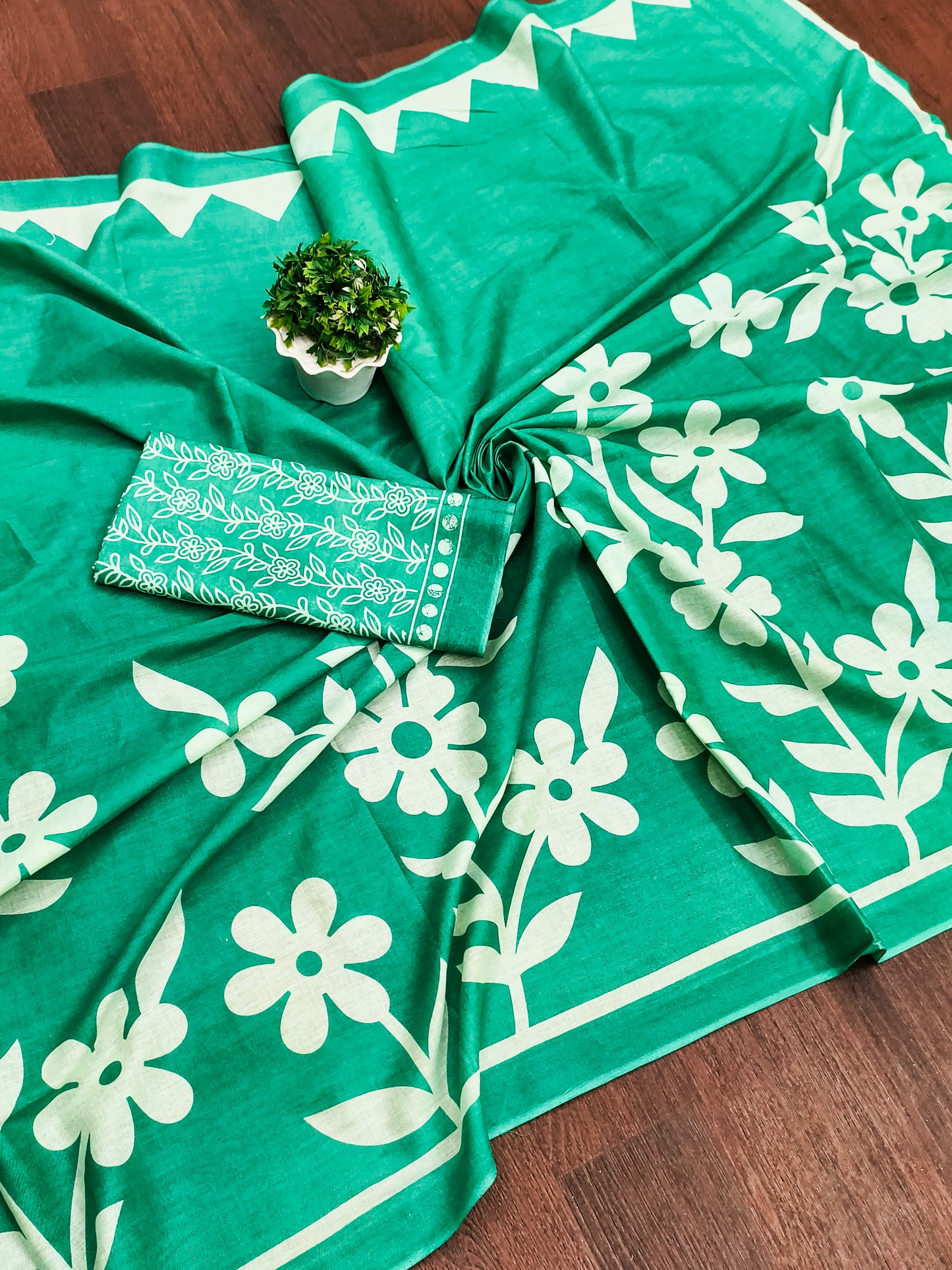 Flora MUSTARD TURQUOISE GREEN Pure MulMul Cotton Saree