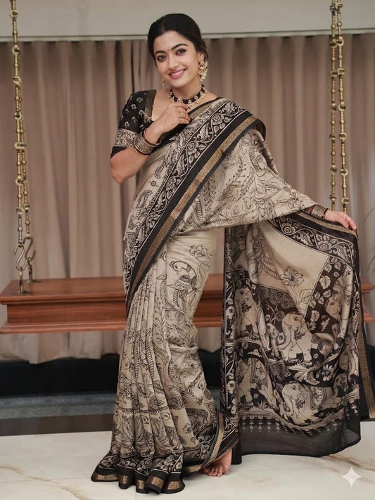 Ajrakh Design Black Colour With Zari Broder Saree