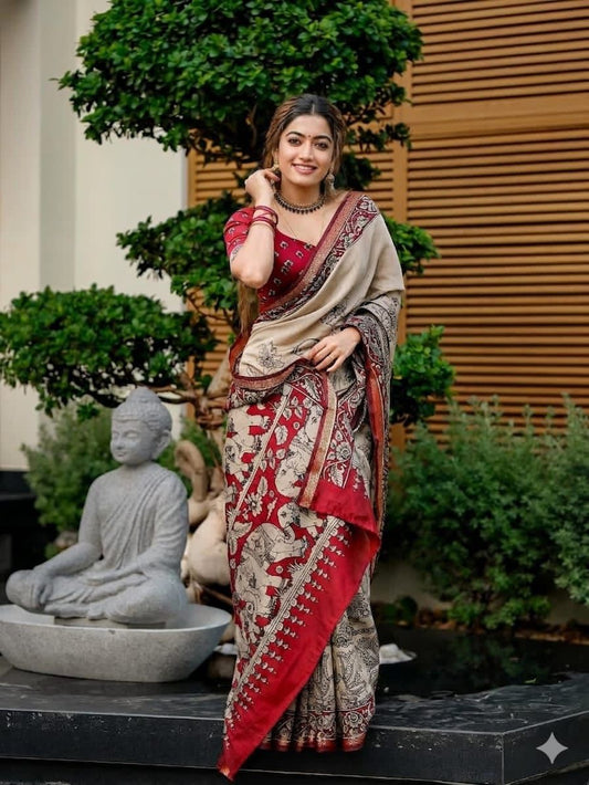 Ajrakh Design Red Colour With Zari Broder Saree