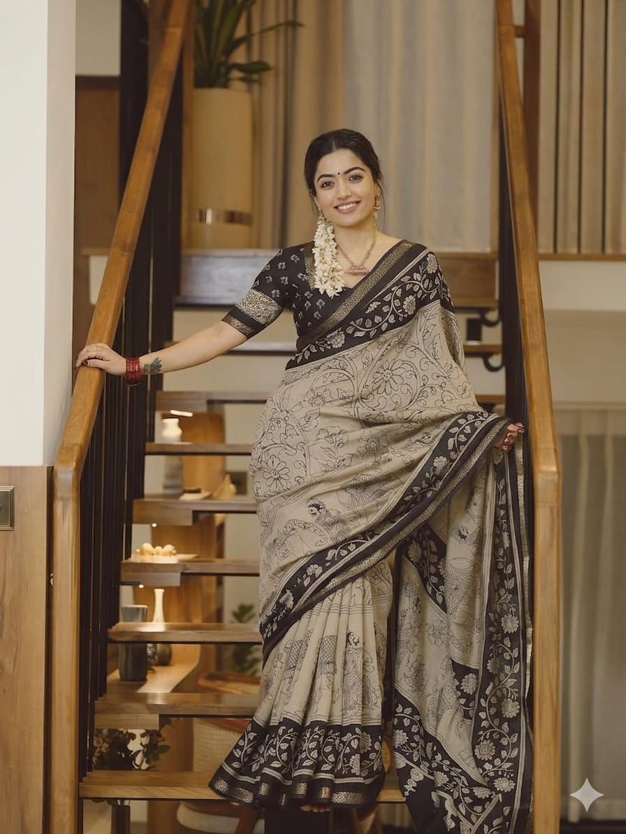 Ajrakh Design Black Colour With Zari Broder Saree