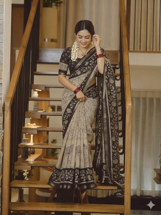 Ajrakh Design Black Colour With Zari Broder Saree