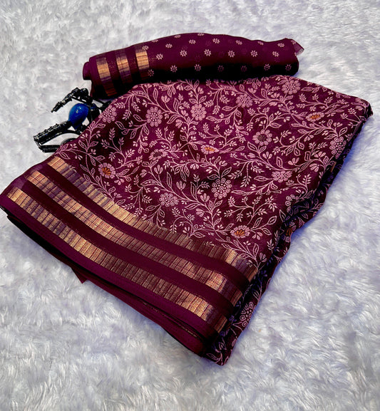 Classic Primium Grorgette Golden Broder Magenta Saree