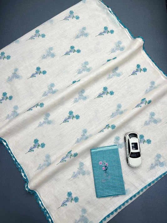 Sky Blue Cotton Linen Saree With blouse Lace Broder Saree
