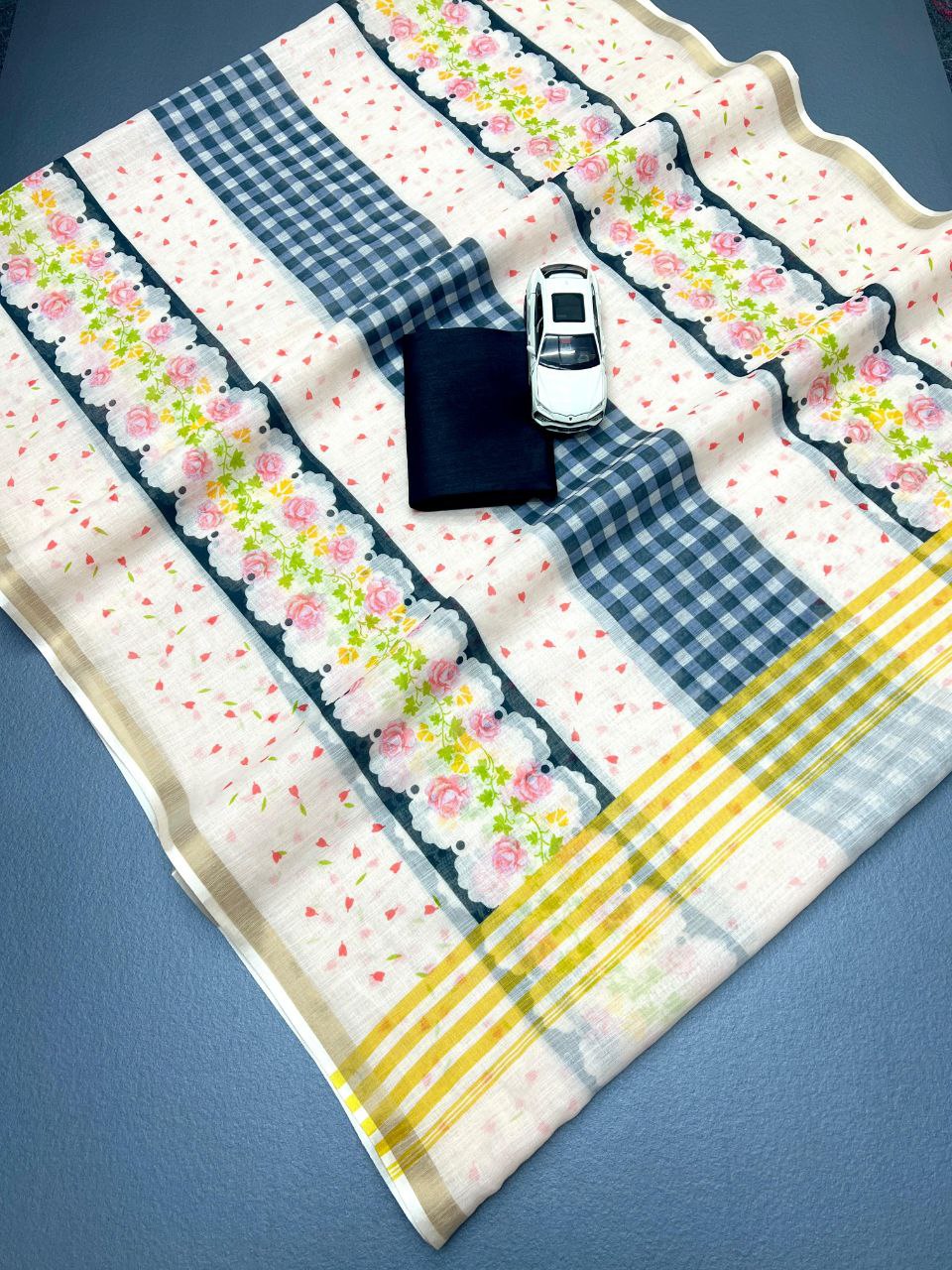 Premium Golden Broder Cotton Linen Saree With Soft Floral Print