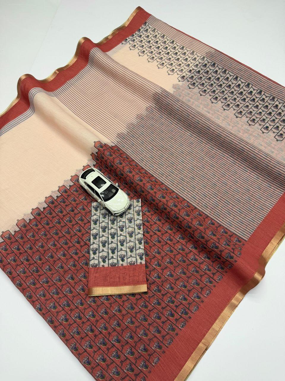 Premum Look Soft Linen Cotton Floral Print Saree