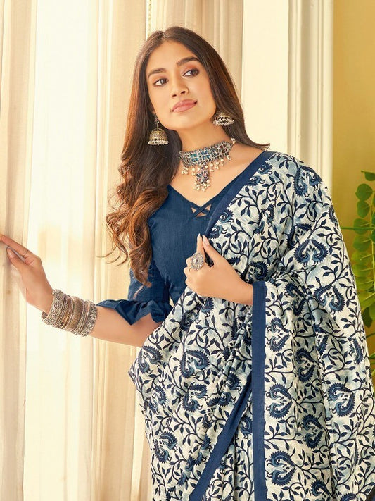 Blue Color Motif Design Linen Cotton Saree