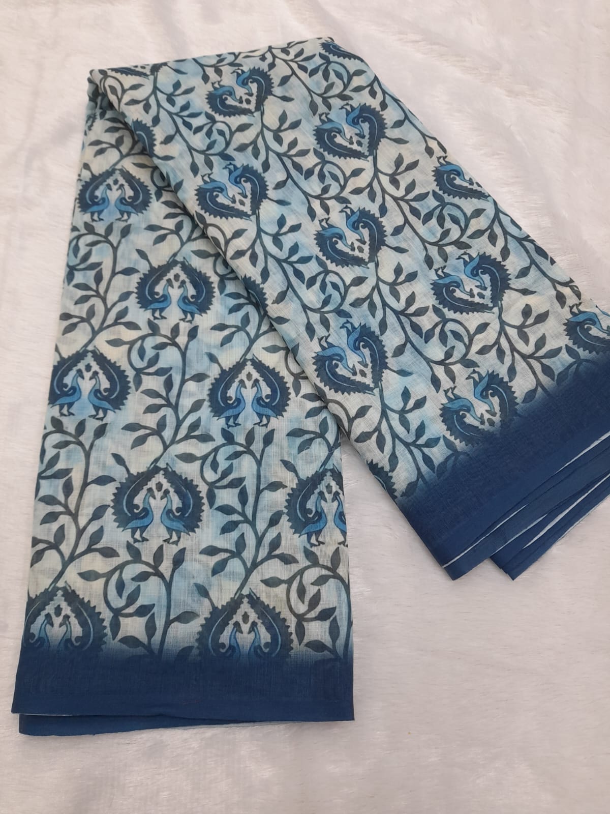 Blue Color Motif Design Linen Cotton Saree