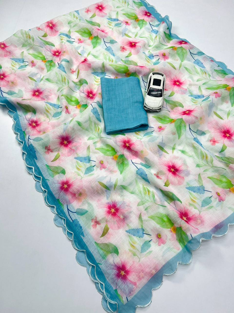 Pastel Floral Linen Saree with Soft Watercolor Print