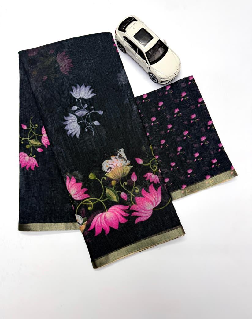 Black Color Printed Design Linen cotton Saree