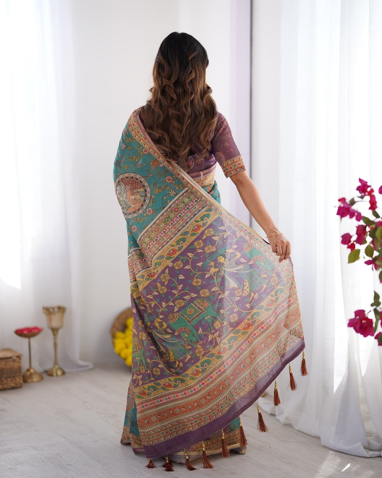 Teal Blue Printed Linen Cotton Saree