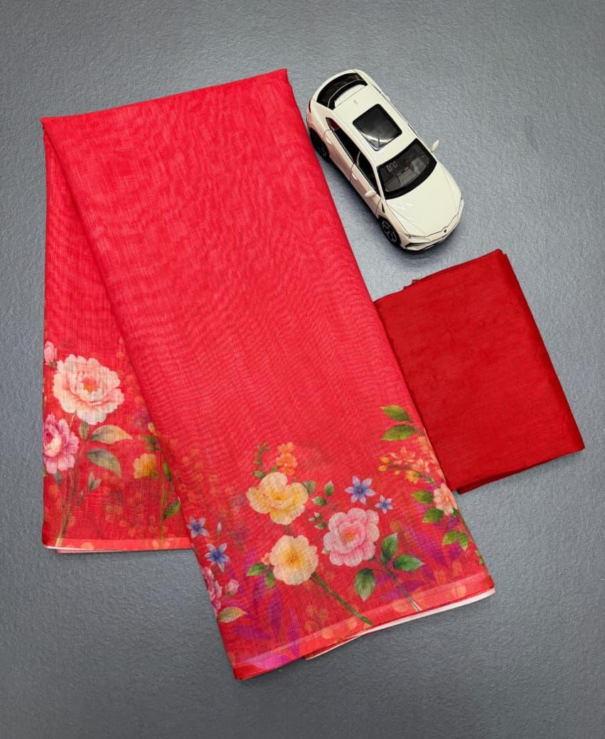 Red Coloor Flower Disign Linen Cotton Saree