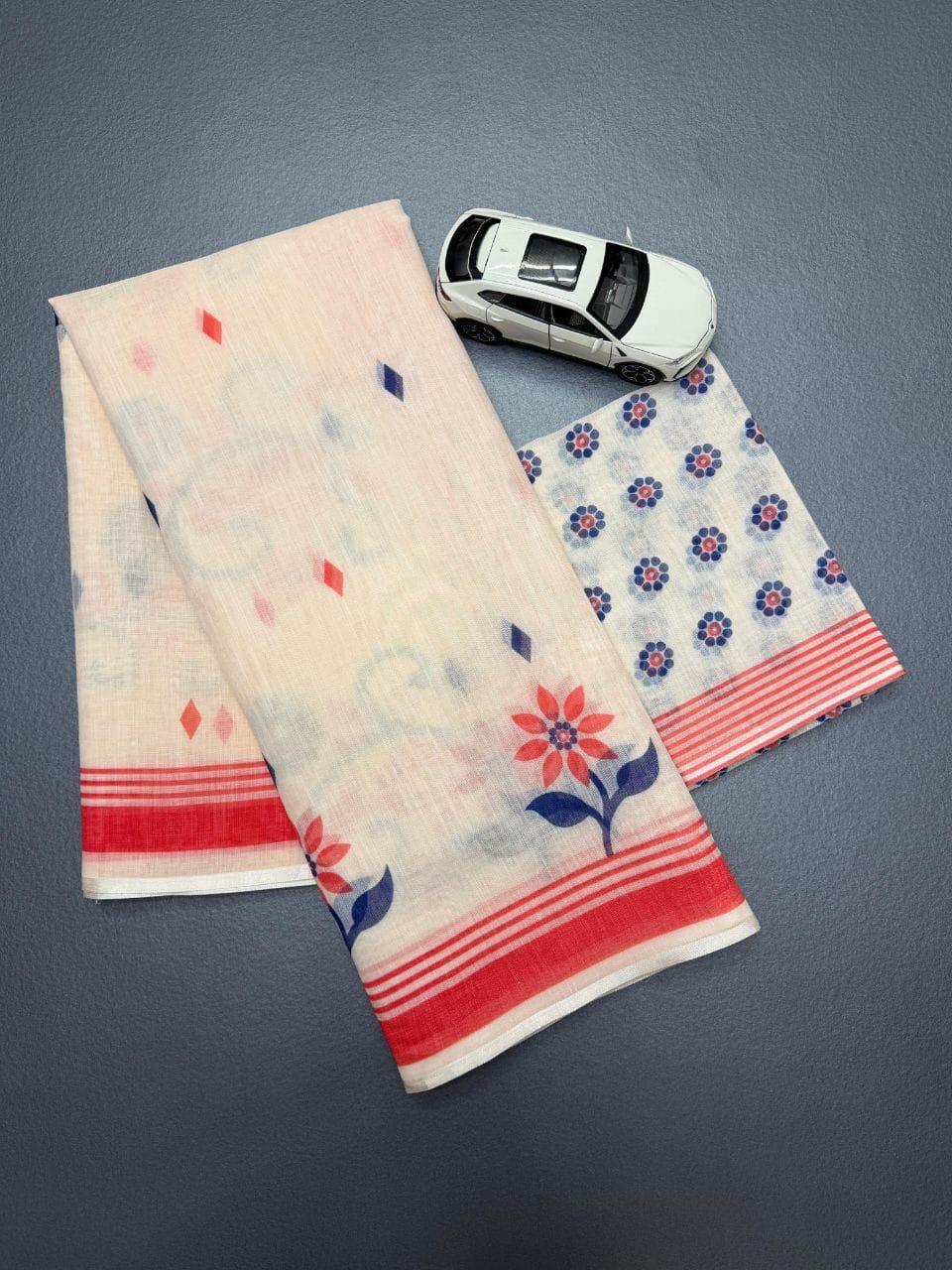 Folwer Print Linen Cotton Saree