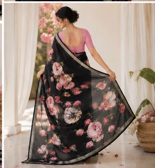 Mul cotton Black Color Pink Flower Disgn Saree