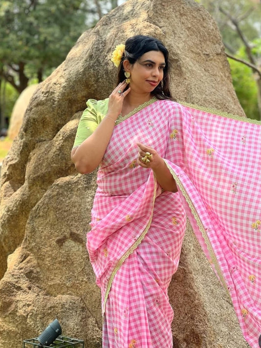 Fancy Lace broder Check Pattern Pink Cotton Linen Saree With Blouse
