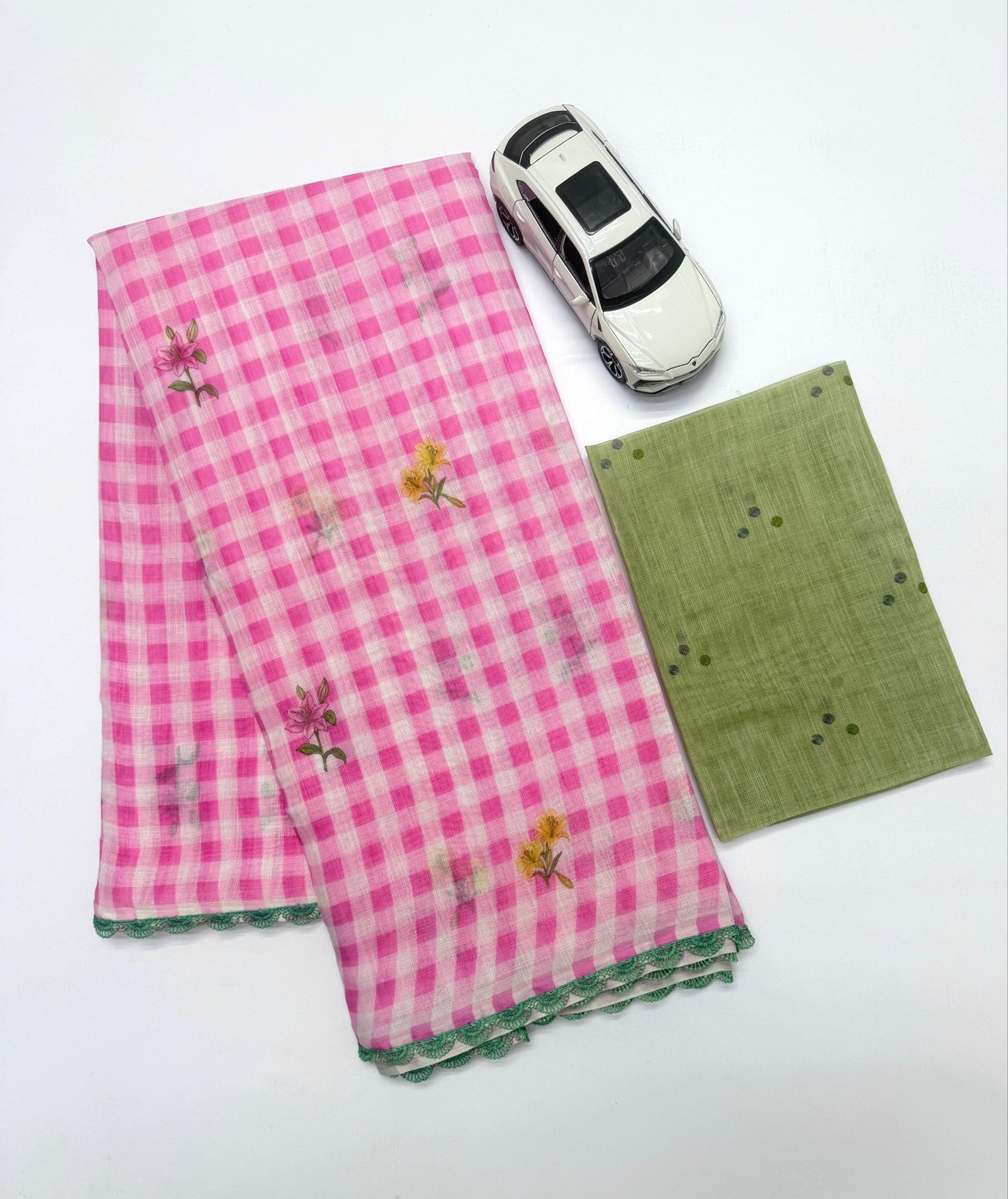 Fancy Lace broder Check Pattern Pink Cotton Linen Saree With Blouse