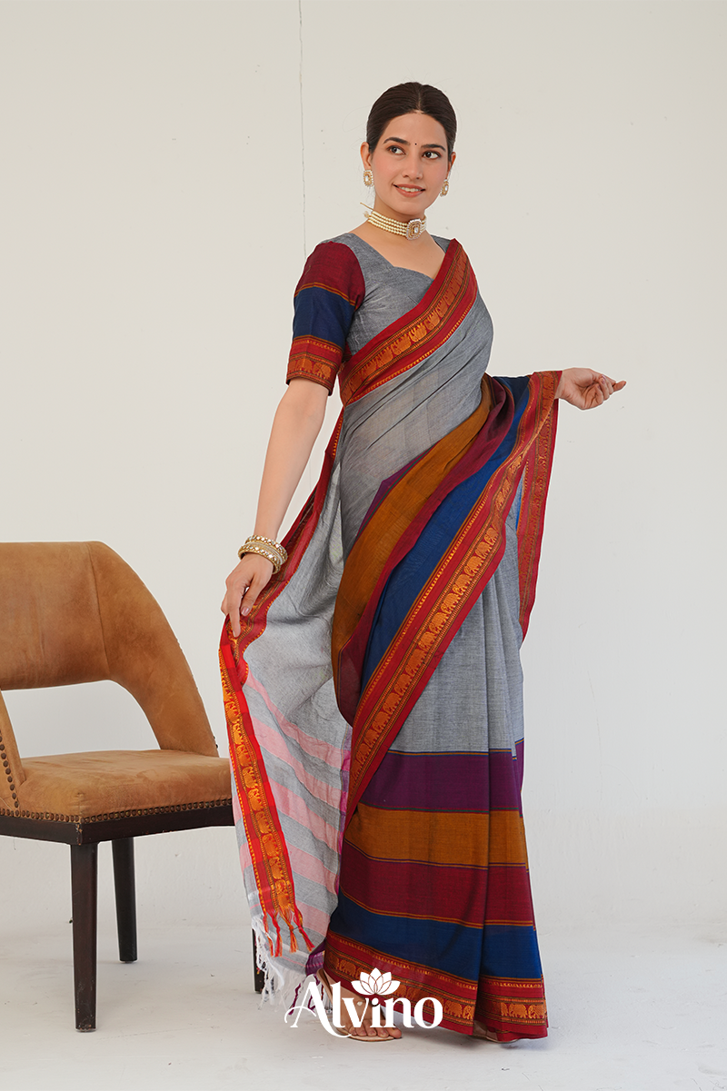Grey Handloom Narayanpet Cotton Saree