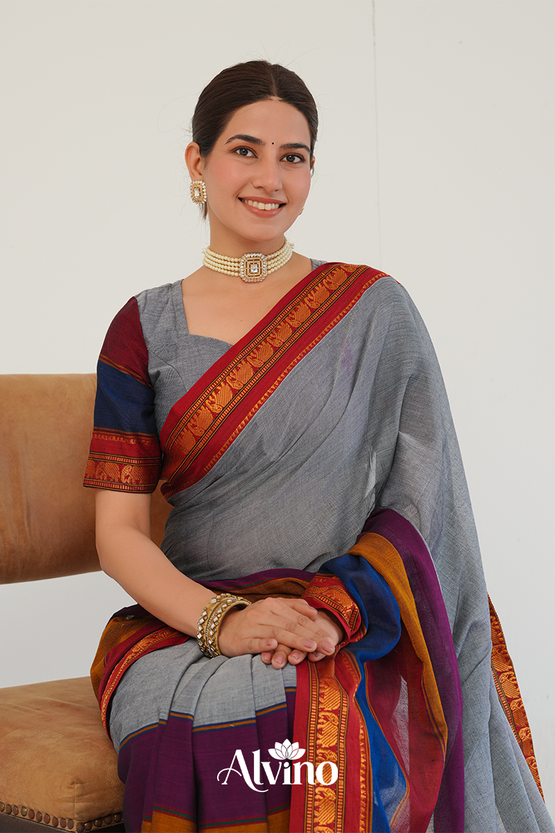 Grey Handloom Narayanpet Cotton Saree