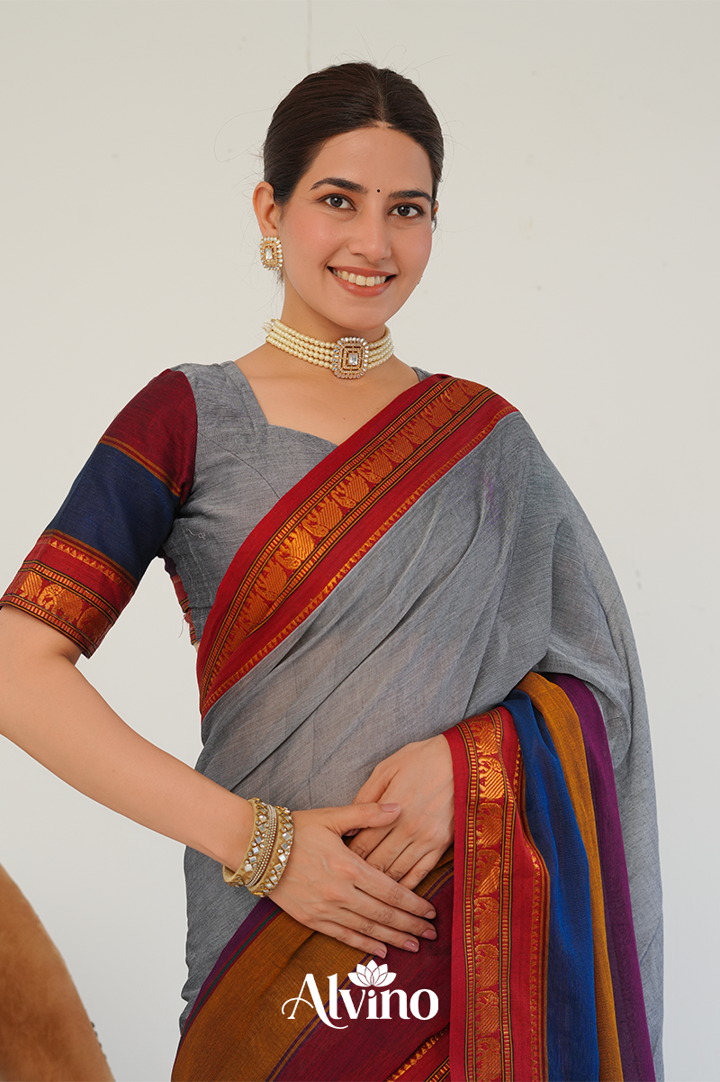 Grey Handloom Narayanpet Cotton Saree