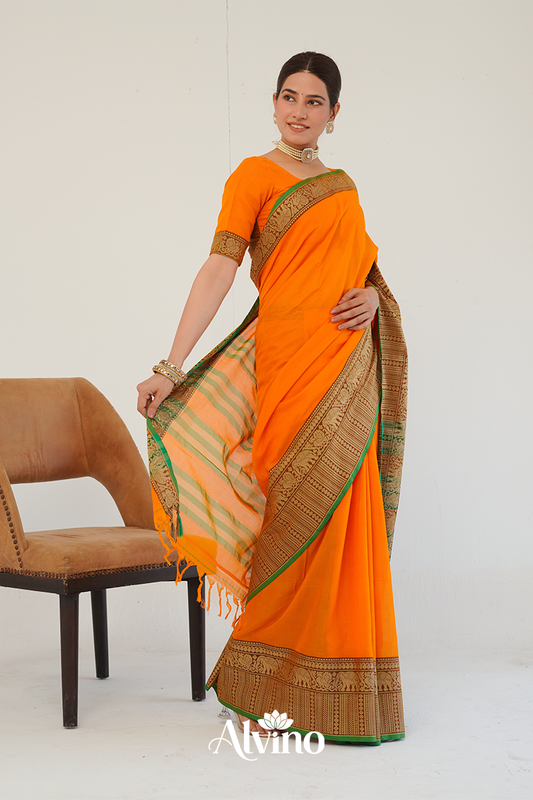 Temple Orange  Handloom Narayanpet Cotton Saree
