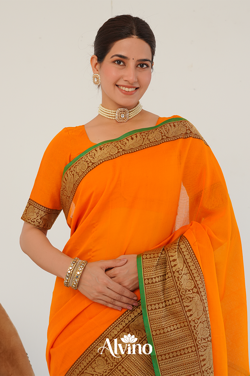 Temple Orange  Handloom Narayanpet Cotton Saree
