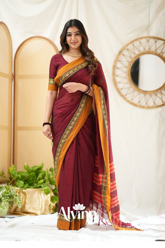 Marron Handloom Narayanpet Cotton Saree