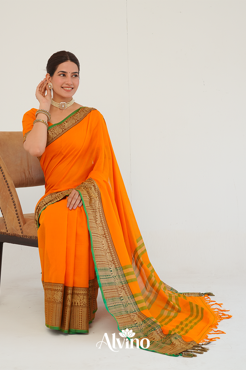 Temple Orange  Handloom Narayanpet Cotton Saree