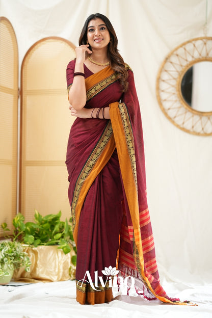 Marron Handloom Narayanpet Cotton Saree