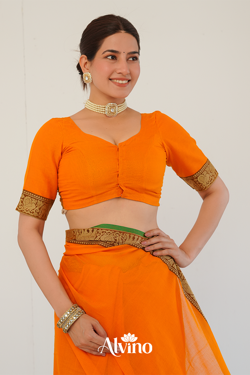 Temple Orange  Handloom Narayanpet Cotton Saree