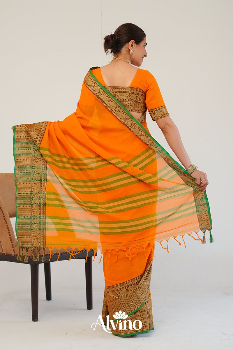 Temple Orange  Handloom Narayanpet Cotton Saree