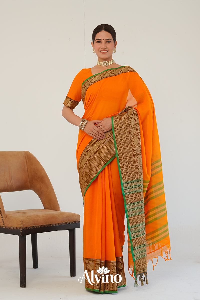 Temple Orange  Handloom Narayanpet Cotton Saree