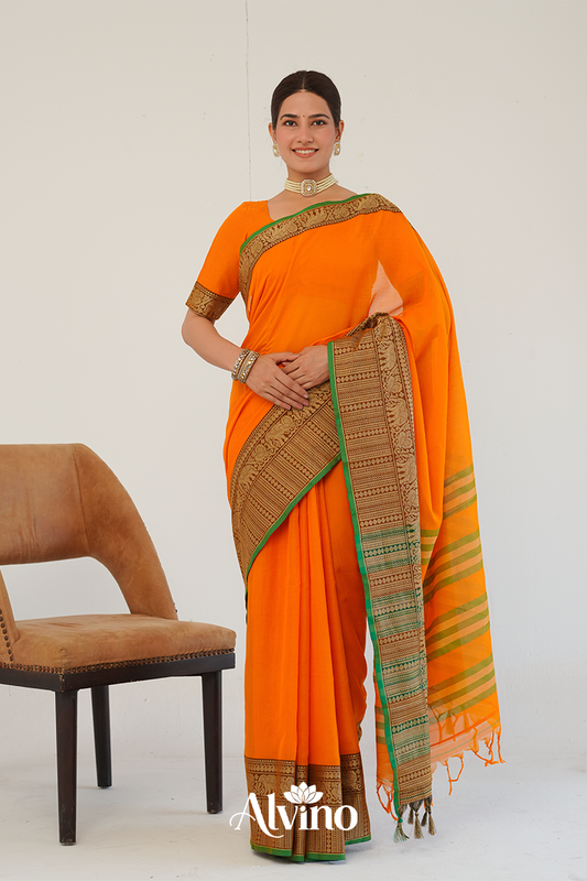 Temple Orange  Handloom Narayanpet Cotton Saree