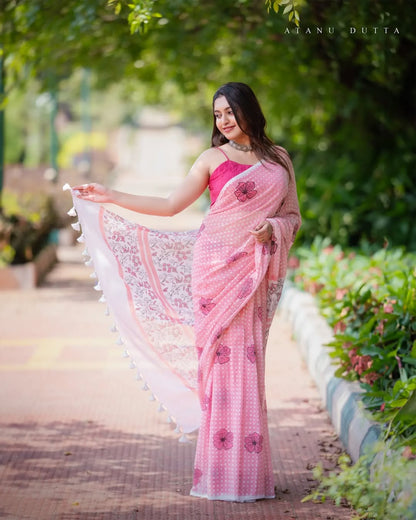 Baby Pink Floral Tassel Pallu Soft Lightweight Linen Cottan Saree