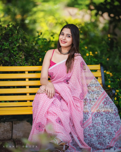 Baby Pink Floral Tassel Pallu Soft Lightweight Linen Cottan Saree