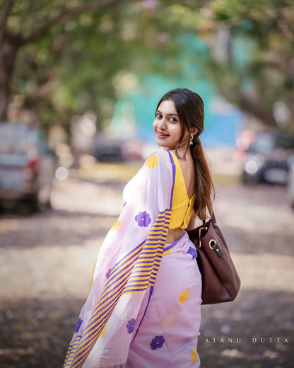 Lavender Color Linen Cotton Saree  Strip Design Pallu