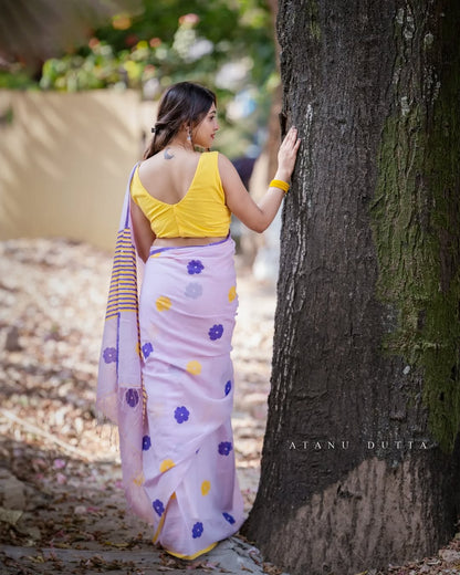 Lavender Color Linen Cotton Saree  Strip Design Pallu