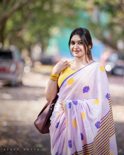 Lavender Color Linen Cotton Saree  Strip Design Pallu