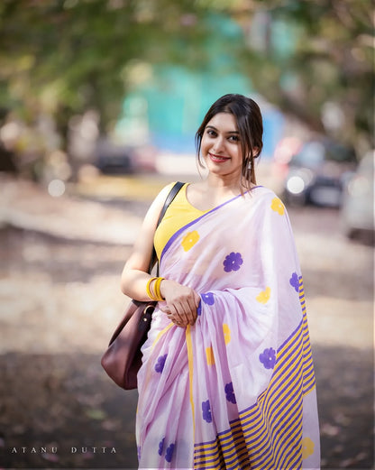 Lavender Color Linen Cotton Saree  Strip Design Pallu