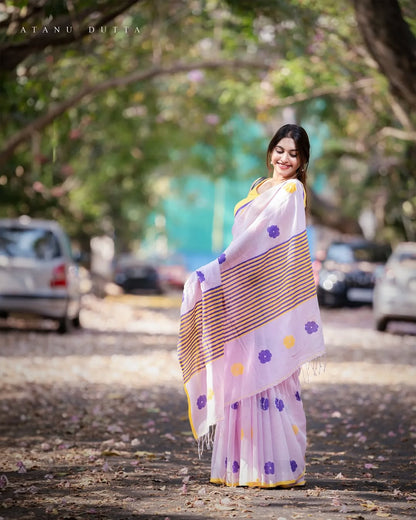 Lavender Color Linen Cotton Saree  Strip Design Pallu