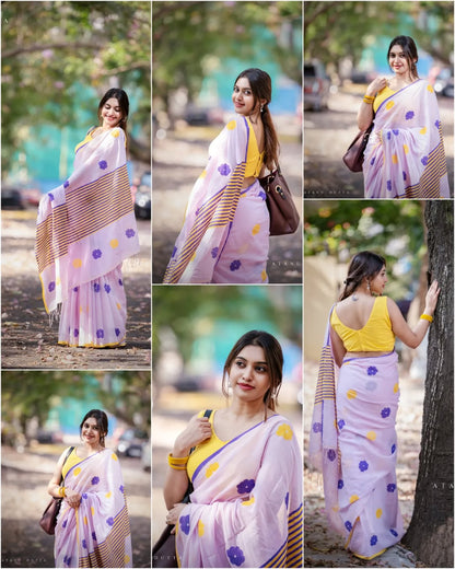 Lavender Color Linen Cotton Saree  Strip Design Pallu