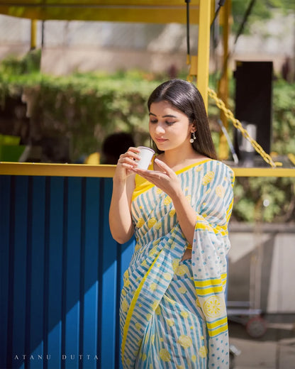 Yellow Bloom Cotton Linen Delicate Prints Saree