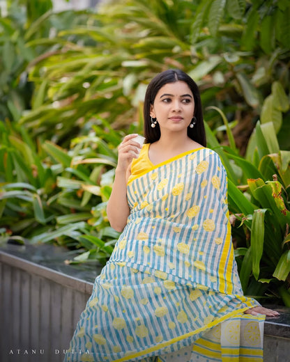 Yellow Bloom Cotton Linen Delicate Prints Saree